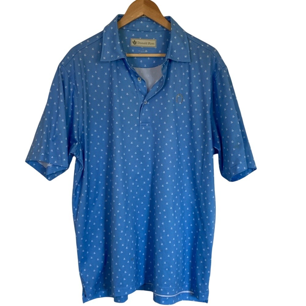 Donald Ross Men's Golf Club Print‎ Blue Polo Shirt Size Large Casual Office Golf